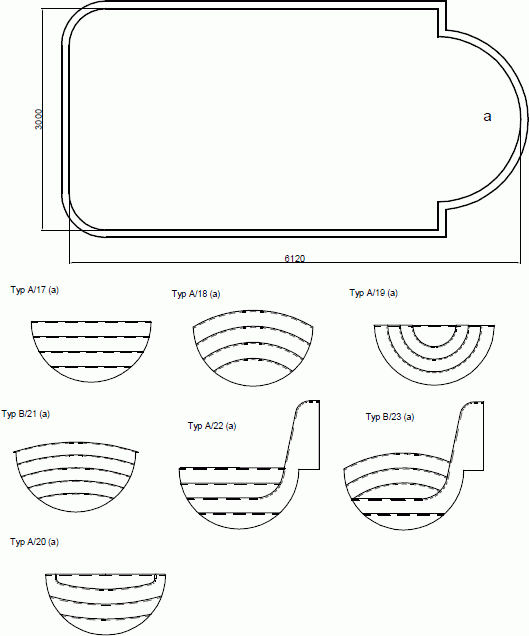 Polypropylen Becken Modell Prag 6 - Grundriss und mögliche Treppen
